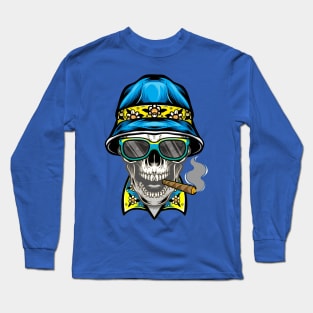 Smoking Skull Wearing Bucket Hat Long Sleeve T-Shirt